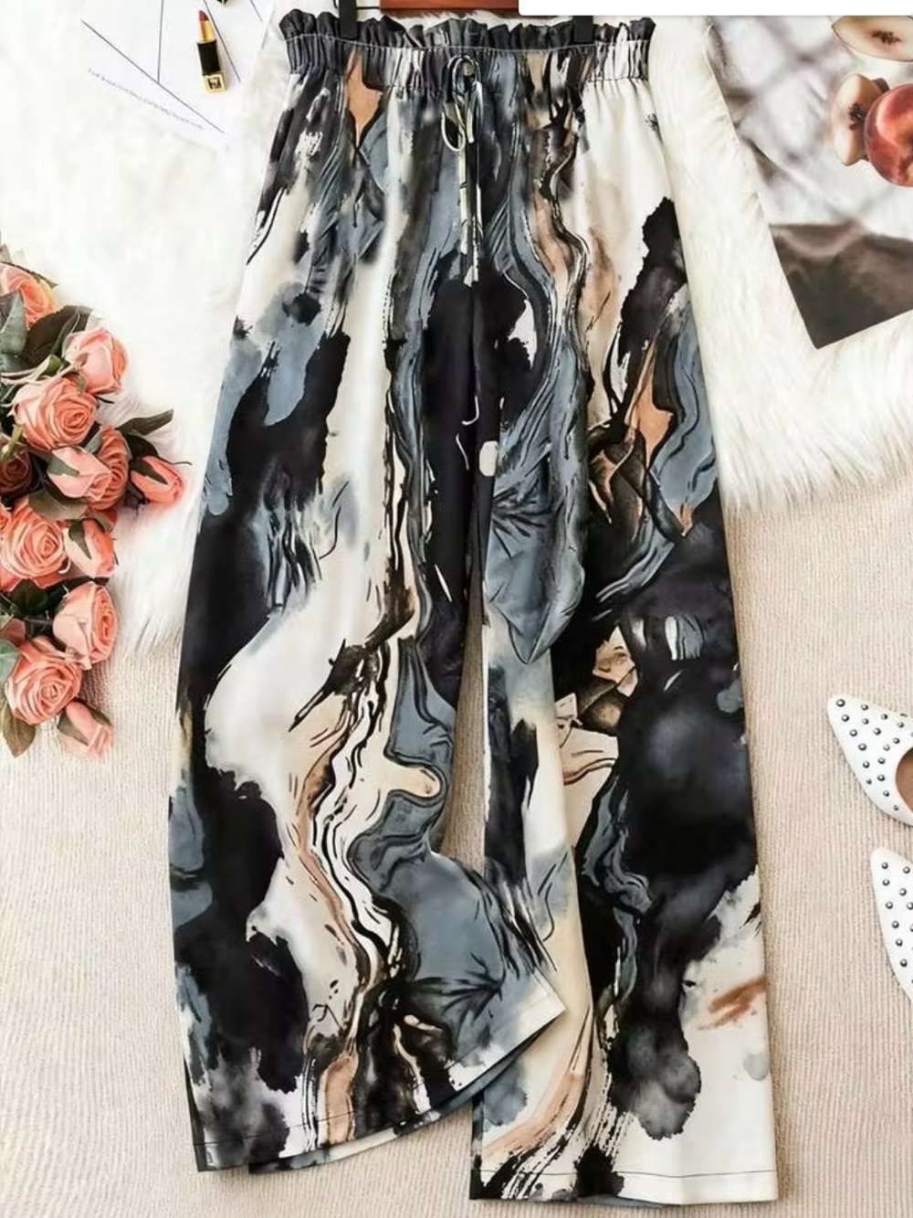 Emery Rose Abstract Marble Print Wide Leg Pants - plus size 0X